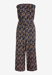 Blejzr bez ramínek z námořnické látky s květinovým vzorem v žluté a bílé barvě. Elastický pas, zkrácené široké nohavice a texturovaný povrch.