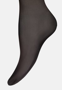 Svarta genomskinliga strumpbyxor med en slät yta, med en avsmalnande design som täcker foten och ankeln, vilket skapar ett elegant utseende.
