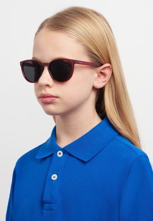 Persona bionda che indossa occhiali da sole con montatura marrone scuro e una polo azzurra brillante con bottoni, rivolta verso sinistra contro uno sfondo chiaro.