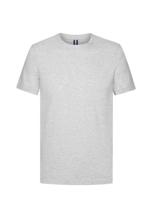 T-shirt corto a maniche corte grigio chiaro realizzato in cotone misto, caratterizzato da un colletto rotondo e una texture liscia e uniforme senza motivi o accenti visibili.