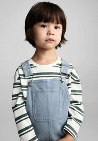 Blauwe denim tuinbroek met verstelbare zilveren clips, met een voorzak; gecombineerd met een wit en groen gestreept langemouwenshirt.