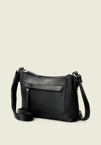 Schwarze Leder-Umhängetasche mit strukturiertem Finish, Reißverschluss oben, Vorderfach und verstellbarem Gurt. Kompakte Bauweise, minimale Hardware.