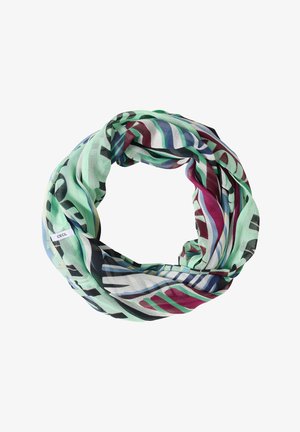 Leichter Infinity-Schal mit mehrfarbigen abstrakten Streifen in Grün, Blau, Burgunder und Schwarz, mit kleinem "Cecil"-Label.