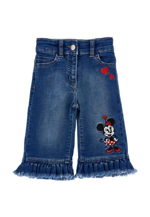 Denim culotte shorts in mid-blue met een gerimpelde zoom. Bevat rode hart-applicaties en een geborduurd Minnie Mouse ontwerp in rood en zwart.