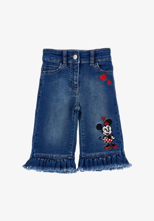 Pantaloni shorts culotte in denim di colore blu medio con orlo arricciato. Presentano applicazioni a forma di cuore rosse e un design ricamato di Minnie Mouse in rosso e nero.