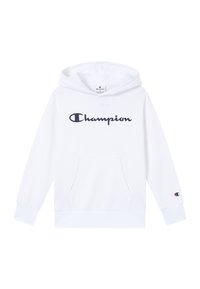 Felpa con cappuccio bianca in materiale morbido, con tasca anteriore, maniche lunghe e logo "Champion" nero sul petto. Design classico.