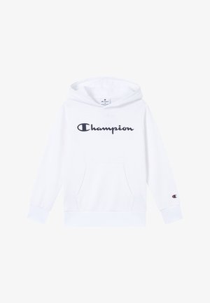 Witte hoodie van zacht materiaal, voorzien van een voorzak, lange mouwen en een zwart "Champion" logo op de borst. Klassiek ontwerp.