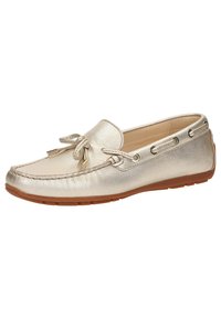 Metallisch goldfarbener Mokassin-Schuh im Stil mit runder Spitze, dekorativem Schnürsenkel und Obermaterial aus Leder. Verfügt über eine detailreiche Naht und eine Gummisohle.