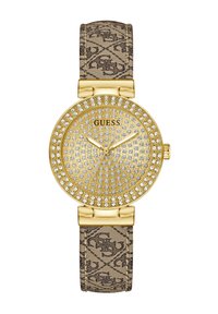 Reloj dorado con una esfera decorada con cristales, correa beige con patrón y un cierre de metal pulido. Cuenta con un movimiento de cuarzo y una caja redonda.