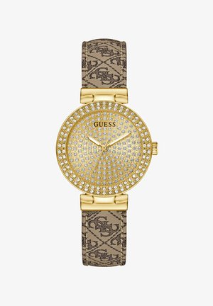 Reloj dorado con una esfera decorada con cristales, correa beige con patrón y un cierre de metal pulido. Cuenta con un movimiento de cuarzo y una caja redonda.