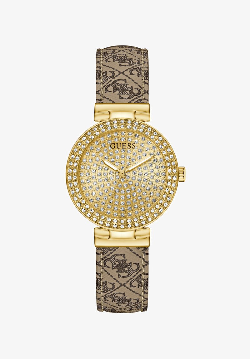 Goldfarbene Uhr mit einem mit Strass besetzten Zifferblatt, gemustertem beigen Armband und einem polierten Metallverschluss. Ausgestattet mit einem Quarzwerk und einem runden Gehäuse.
