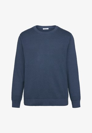 Marineblauer, gestrickter Pullover mit Rundhalsausschnitt, strukturiertem Muster, langen Ärmeln und gerippten Bündchen und Saum.