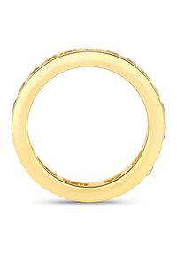 Goldfarbener Ring mit einer glatten, polierten Oberfläche und strukturierten Akzenten am Außenrand. Kreisförmige Form, elegantes Design, vielseitiger Stil.