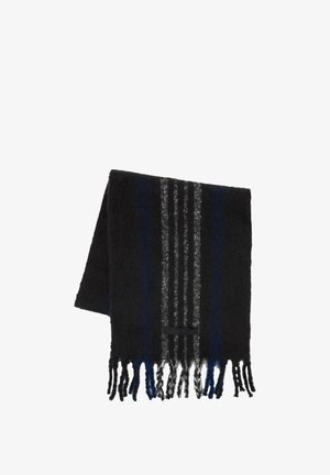 Zwarte wollen sjaal met blauwe en grijze strepen, met gefranjerde randen en een gladde textuur. Geaccentueerd met een zwart label op de rand.