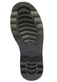 Black rubber outsole with textured grip, featuring angled tread patterns and a size marking, providing traction and stability.