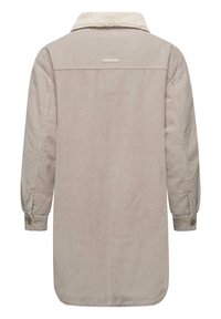 Beige kordjacka med hög krage fodrad med fuskpäls, med knäppning vid ärmsluten och en något kurvad nederkant.