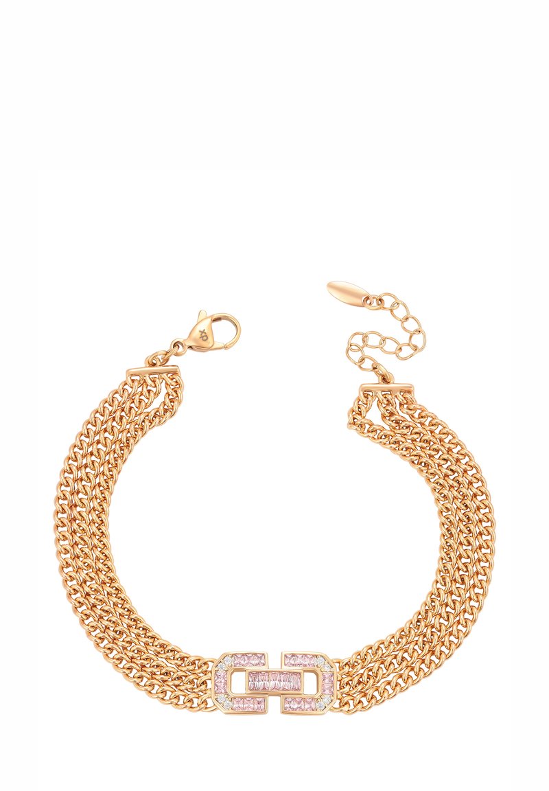 Bracciale color oro con più catene collegate, decorato con una chiusura e un centro composto da pietre rettangolari con accenti rosa.