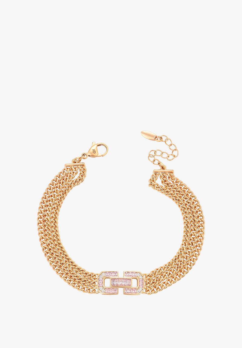 Bracciale color oro con più catene collegate, decorato con una chiusura e un centro composto da pietre rettangolari con accenti rosa.