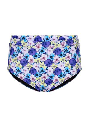 Blommig mönster högmidjad bikiniunderdel med lila, blå och gula blommor på ljus tyg, med en sömlös midja och svart foder.