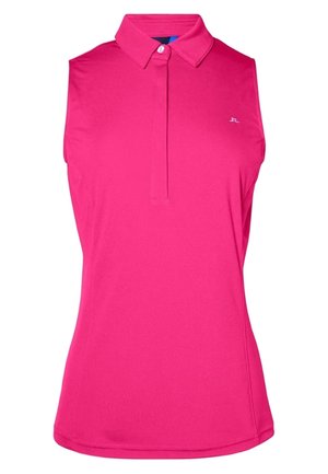 Mouwloos felroze poloshirt met kraag, knoopsluiting en klein wit logo op de borst.