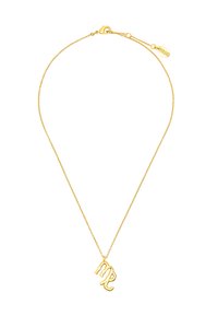 Złoty naszyjnik z delikatnym łańcuszkiem i zapięciem typu lobster. Wisiorek przedstawia symbol Wagi w falistym, stylizowanym kroju.