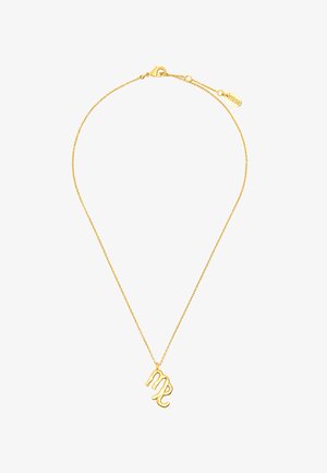 Złoty naszyjnik z delikatnym łańcuszkiem i zapięciem typu lobster. Wisiorek przedstawia symbol Wagi w falistym, stylizowanym kroju.