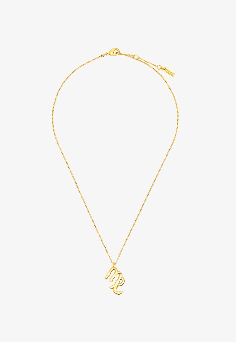 Złoty naszyjnik z delikatnym łańcuszkiem i zapięciem typu lobster. Wisiorek przedstawia symbol Wagi w falistym, stylizowanym kroju.