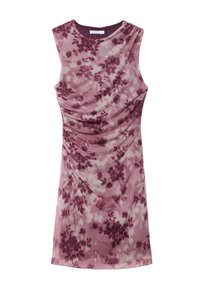 Robe sans manches en tissu doux et léger. Présente une silhouette ajustée avec une texture froncée dans un motif floral rose et bordeaux.