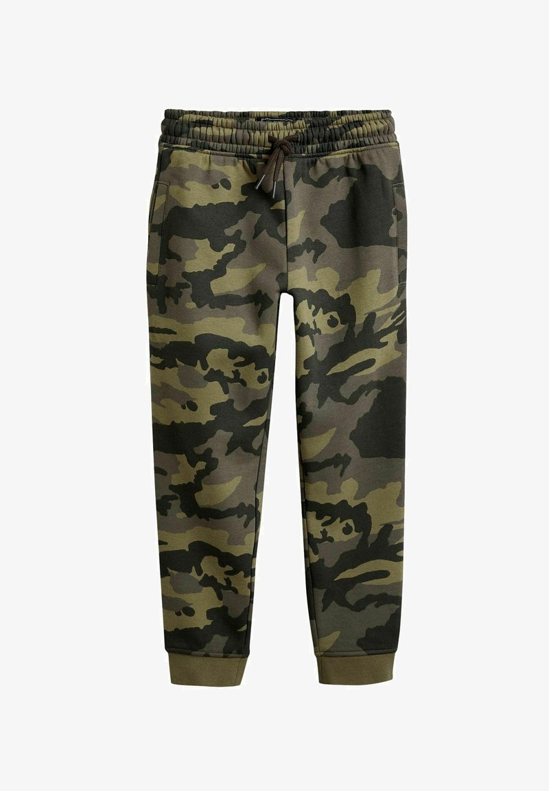 Camo sweatpants i nuancer af grønt og sort, med elastisk talje, snor, sidelommer og tapered manchetter.