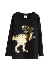 Czarna koszula z długim rękawem z dużym, teksturowanym wzorem z cekinów przedstawiającym dinozaura w odcieniach beżu i brązu, z białymi zębami i pazurami.