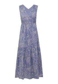 Abito lungo in tessuto azzurro chiaro con motivi floreali bianchi e verdi, scollatura a V, design senza maniche e orlo a balze.