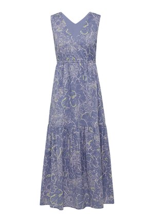 Maxikleid aus hellblauem Stoff mit floralen Mustern in Weiß und Grün, V-Ausschnitt, ärmelloses Design und gestuftem Saum.