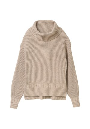 Beżowy sweter robiony na drutach z wysokim żeberkowym kołnierzem, szerokimi rękawami i teksturowanym paskiem na dole z wzorem w warkocz.