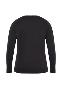 Pulover lung negru cu mâneci lungi, decolteu rotund, manșete și tiv cu model rib, textură moale, fără modele sau embellismente vizibile.