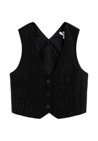 Czarna kamizelka z dekoltem w serek, w prążki, z pięcioma guzikami z przodu. Materiał ma delikatny połysk, a z tyłu znajduje się prosty zamek.