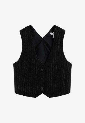 Chaleco negro con un diseño de cuello en V, textura de rayas y cinco botones frontales. La tela tiene un ligero brillo, y la parte trasera presenta un cierre sencillo.