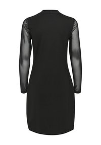 Vestido negro con largas mangas transparentes, escote redondo y silueta ajustada; tejido suave con una textura ligeramente brillante.