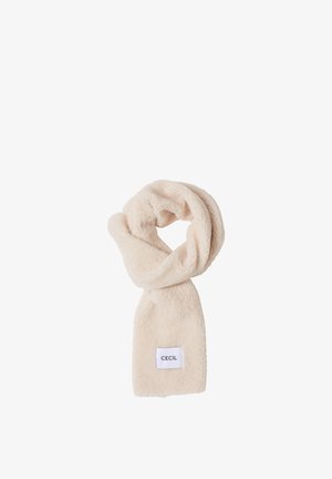 Lys beige fluffy tørklæde lavet af blødt fleece-materiale, med en rektangulær form og et lille hvidt skilt med "CECIL" syet på.