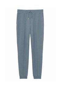 Pantaloni de jogging de culoare albastru deschis, confecționați dintr-un material moale, având un elastic în talie cu șnur, buzunare laterale și manșete tapered.
