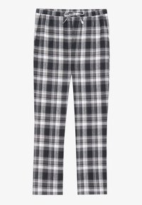 Pantalons de pyjama à carreaux en coton noir, blanc et gris, avec une taille élastique et un cordon de serrage. Présente une texture brossée pour plus de confort.