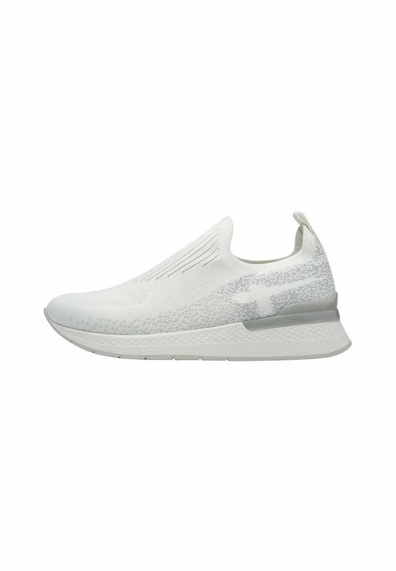 White athletic shoe with a seamless knit upper, textured pattern, and a cushioned, grey rubber sole. Slip-on design with a pull tab.