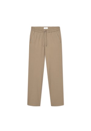 Beige stretchbukser med elastisk linning og snøring, med to sidelommer og rett ben-design. Glatt tekstur.