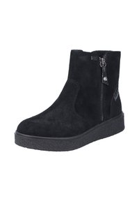 Bottines noires en daim avec une semelle en caoutchouc noir texturé, fermeture éclair sur le côté et accents en panneaux lisses.