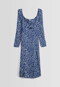 Navy blue floral dress with long sleeves, scoop neckline, and white floral pattern. Features a front slit for ease of movement.