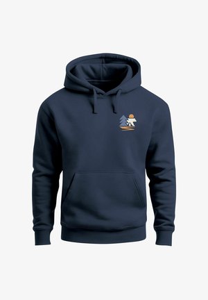 Navy blue hoodie made of soft fabric, featuring a front kangaroo pocket and a graphic of trees and a sun on the chest.