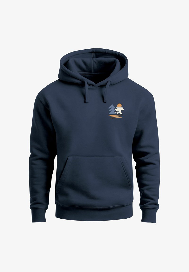 Navy blue hoodie made of soft fabric, featuring a front kangaroo pocket and a graphic of trees and a sun on the chest.
