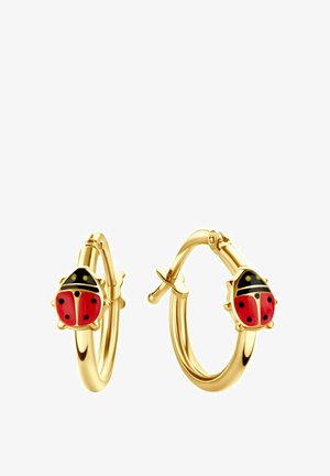Auksiniai žiediniai auskarai su boružėlės dizainu, raudonais ir juodais emailės akcentais. Lygi tekstūra; saugus užsegimas.