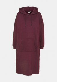 Robe sweat à capuche longue bordeaux avec poche kangourou à l'avant, capuche avec cordon et poignets côtelés aux manches longues.