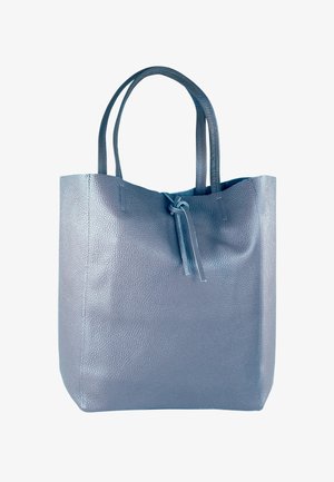 Gray leather tote bag with a textured surface, two handles, and a cinched closure detail at the top. Minimalist design, rectangular shape.