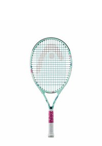Tennisracket met een mintgroen frame, witte grip en een roze handvataccent. Heeft een geënthousiasmeerd patroon met bloemmotieven op het frame.